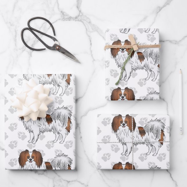 Red Sable Phalène Cute Cartoon Dog With Grey Paws Wrapping Paper Sheet (Front)