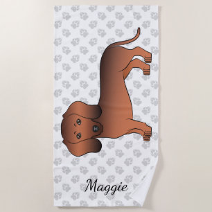 Red Sable Short Hair Dachshund Cartoon Dog & Name Beach Towel