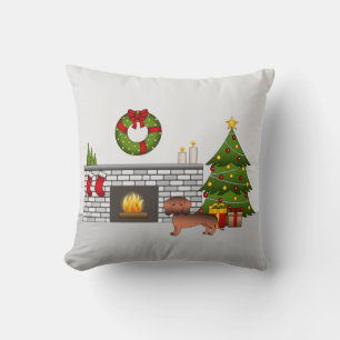 Red Sable Smooth Coat Dachshund In Christmas Room Throw Pillow