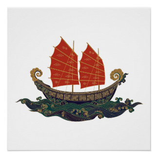 Red Sail Junk Boat Chinese Treasure Ship Poster