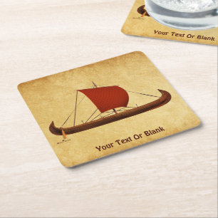 Red Sail Viking Ship II Square Paper Coaster