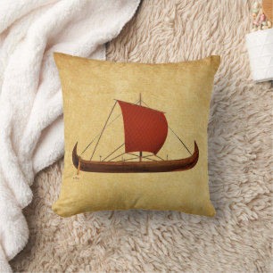 Red Sail Viking Ship II Throw Pillow