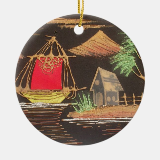 Red Sailboat Landscape Oil Painting Art Print Ceramic Ornament (Front)