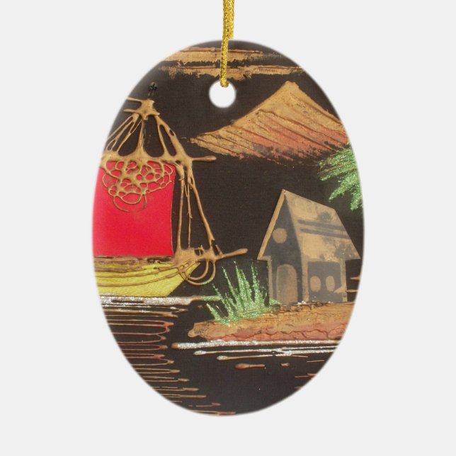 Red Sailboat Landscape Oil Painting Art Print Ceramic Ornament (Front)