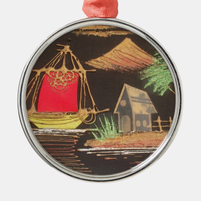 Red Sailboat Landscape Oil Painting Art Print Metal Ornament (Front)