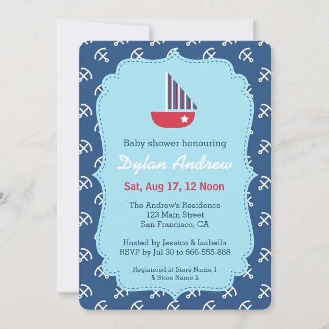 Red Sailboat Nautical baby shower invitations (Front)