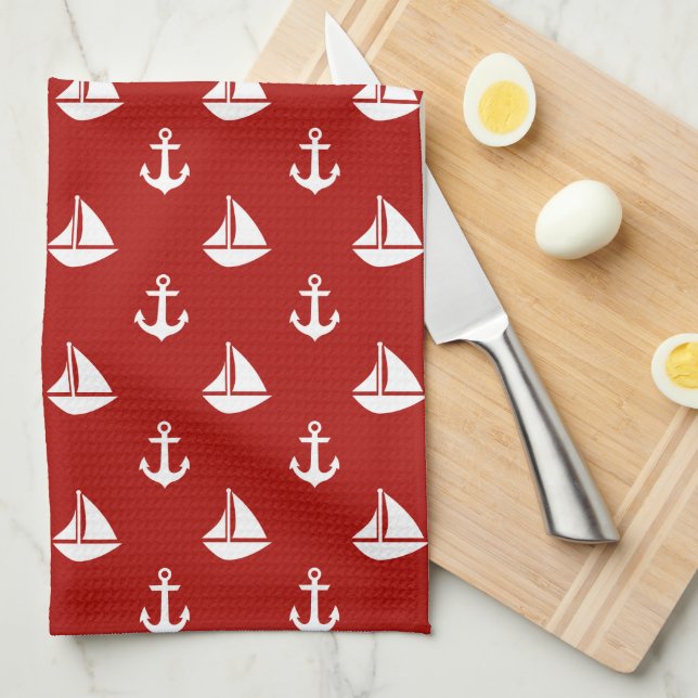 Red Sailboats and Anchors Pattern Kitchen Towel (Quarter Fold)