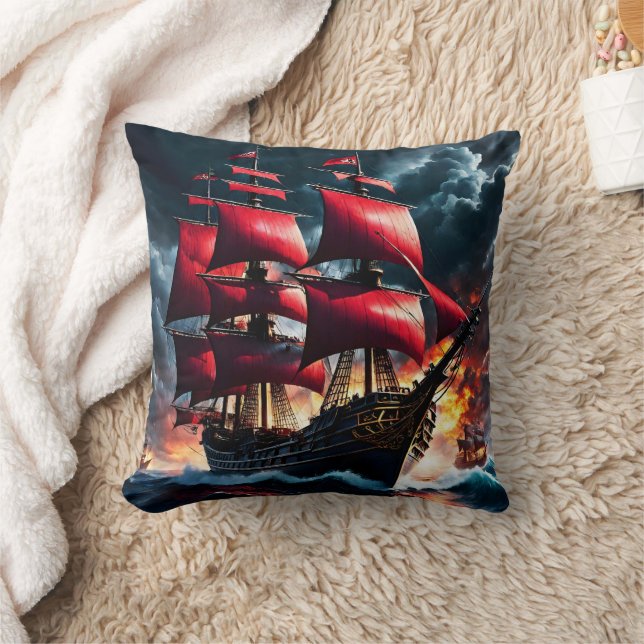 Red Sailed Pirate Ship Battling Stormy Seas Throw Pillow (Blanket)