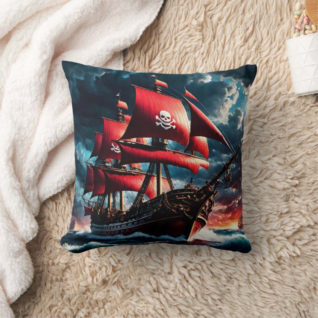 Red-Sailed Pirate Ship Navigating Stormy Seas Throw Pillow (Blanket)
