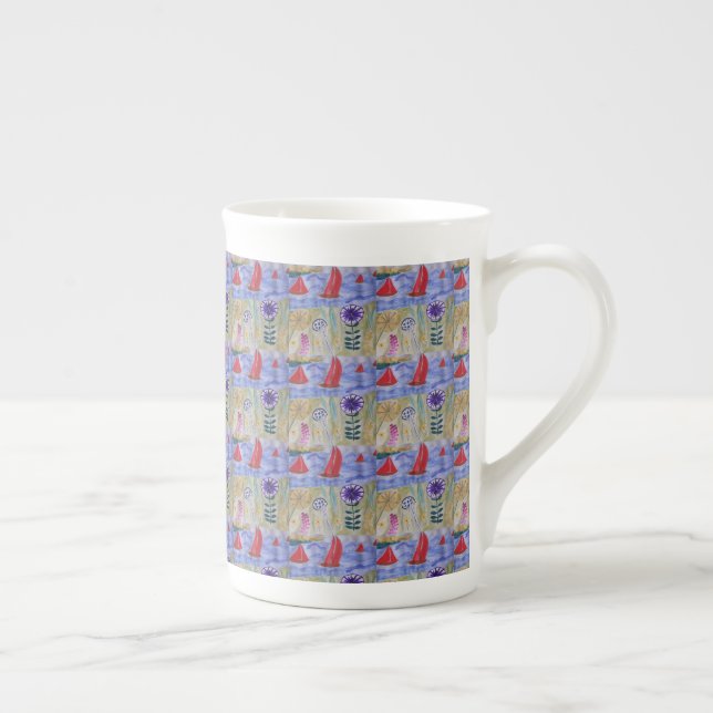 Red Sails & Flowers  Bone China Mug (Right)