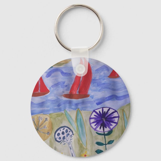Red Sails & Flowers Round Key Ring (Front)