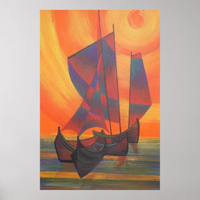 Red Sails in the Sunset Cubist Junk Abstract Poster (Front)