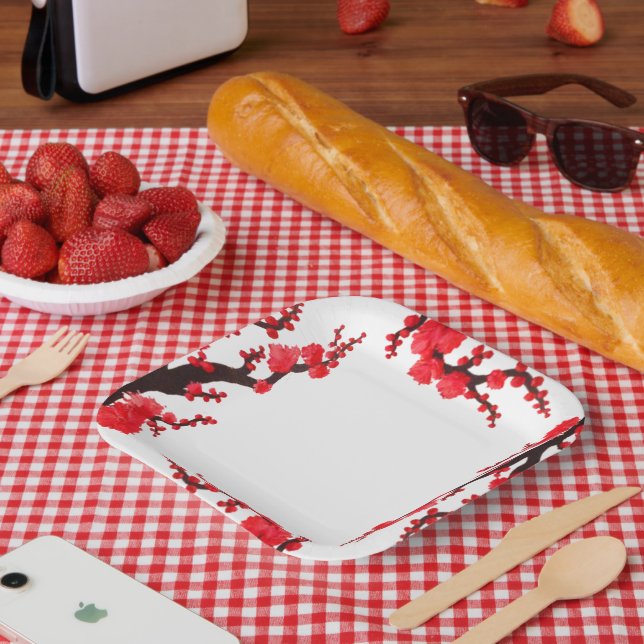 Red Sakura Blossoms Painting Paper Plate (Picnic)