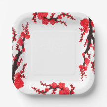 Red Sakura Blossoms Painting Paper Plate