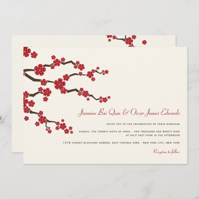 Red Sakura Cherry Blossoms Modern Asian Wedding Invitation (Front/Back)