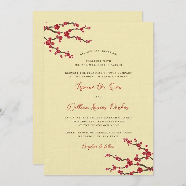 Red Sakura Cherry Blossoms Modern Asian Wedding Invitation (Front/Back)