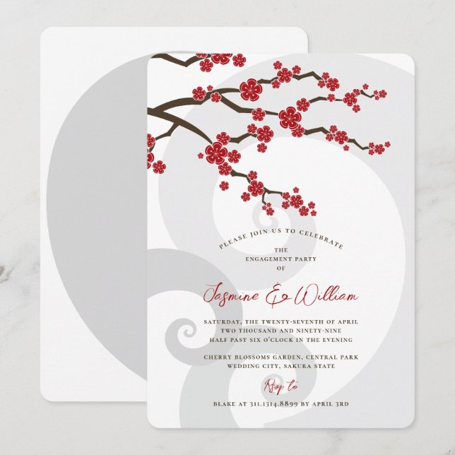 Red Sakura Cherry Blossoms Swirls Chic Engagement Invitation (Front/Back)