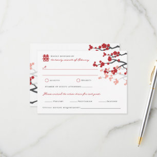 Red Sakura Double Happiness Chinese Wedding RSVP Card
