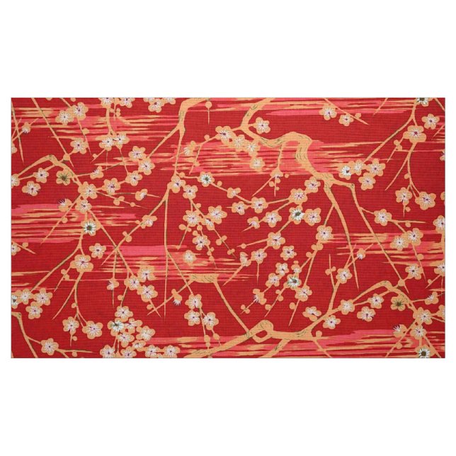 RED SAKURA FLOWERS Antique Japanese Floral Pattern Fabric (Fat Quarter)