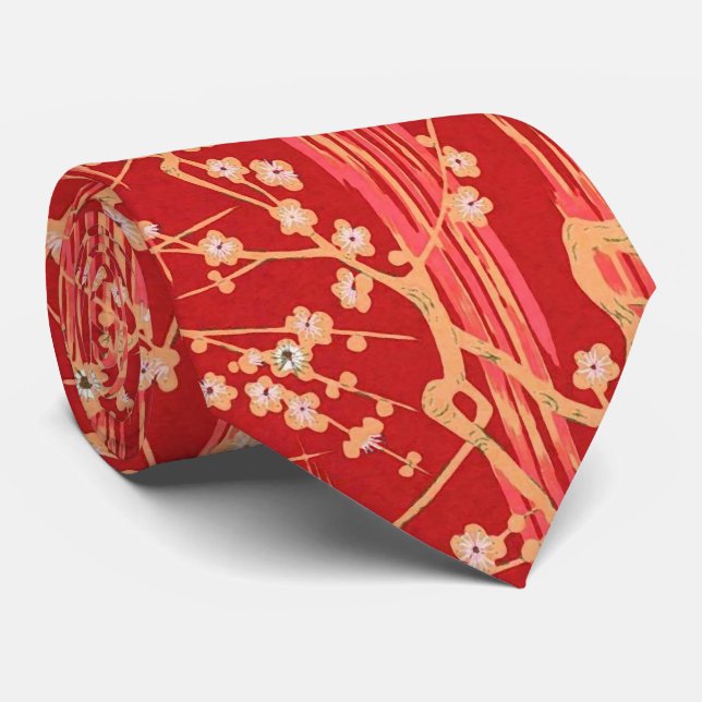 RED SAKURA FLOWERS Antique Japanese Floral Pattern Tie (Rolled)
