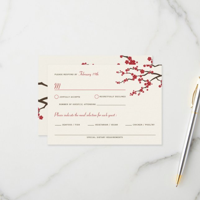 Red Sakura Flowers Cherry Blossoms Asian Wedding RSVP Card (Front/Back In Situ)