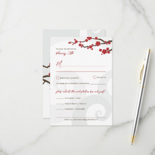 Red Sakura Flowers Cherry Blossoms Swirls Wedding RSVP Card