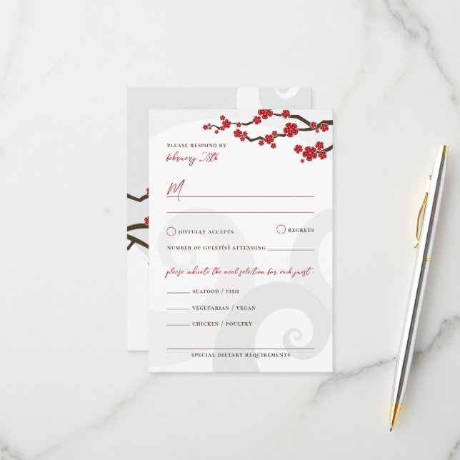 Red Sakura Flowers Cherry Blossoms Swirls Wedding RSVP Card (Front/Back In Situ)