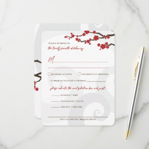 Red Sakura Flowers Cherry Blossoms Swirls Wedding RSVP Card