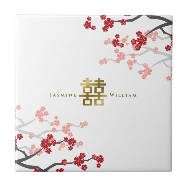 Red Sakura Gold Double Happiness Chinese Wedding Tile (Front)