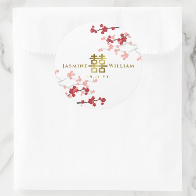 Red Sakura Golden Double Happiness Chinese Wedding Classic Round Sticker (Bag)