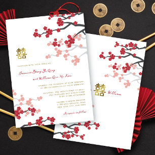 Red Sakura Golden Double Happiness Chinese Wedding Invitation