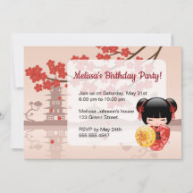 Red Sakura Kokeshi Doll Cute Geisha Birthday Party