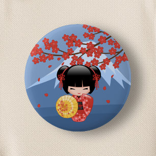 Red Sakura Kokeshi Doll - Cute Geisha Girl 2 Inch Round Button