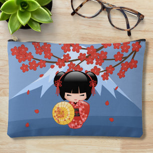 Red Sakura Kokeshi Doll - Cute Geisha Girl Accessory Pouch
