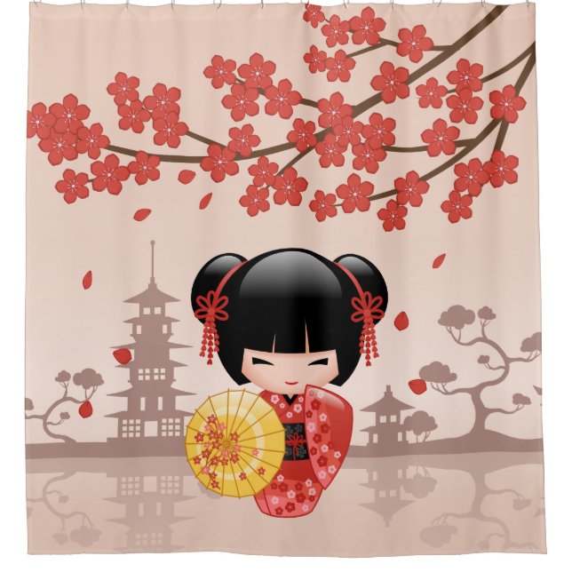 Red Sakura Kokeshi Doll Cute Geisha Girl Beige (Front)