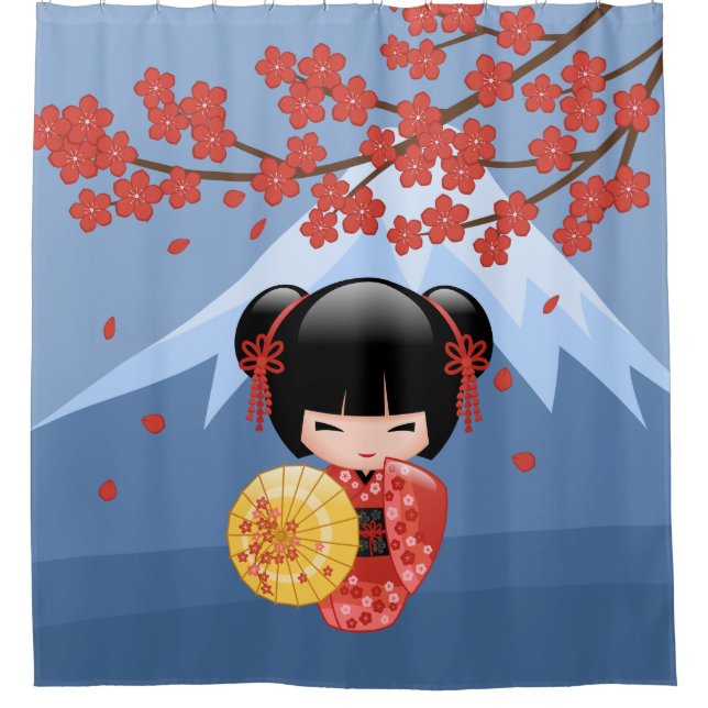 Red Sakura Kokeshi Doll Cute Geisha Girl Blue (Front)