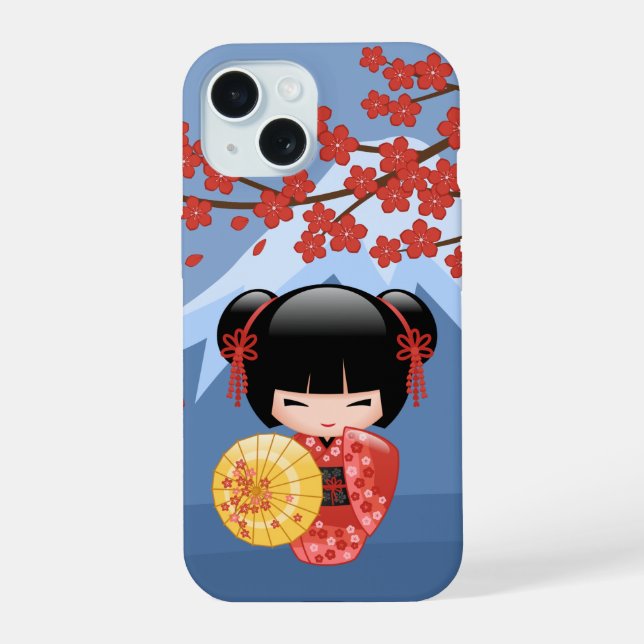 Red Sakura Kokeshi Doll - Cute Geisha Girl iPhone 15 Case (Back)
