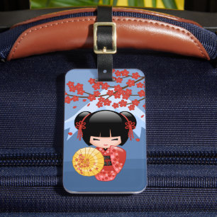Red Sakura Kokeshi Doll - Cute Geisha Girl Luggage Tag