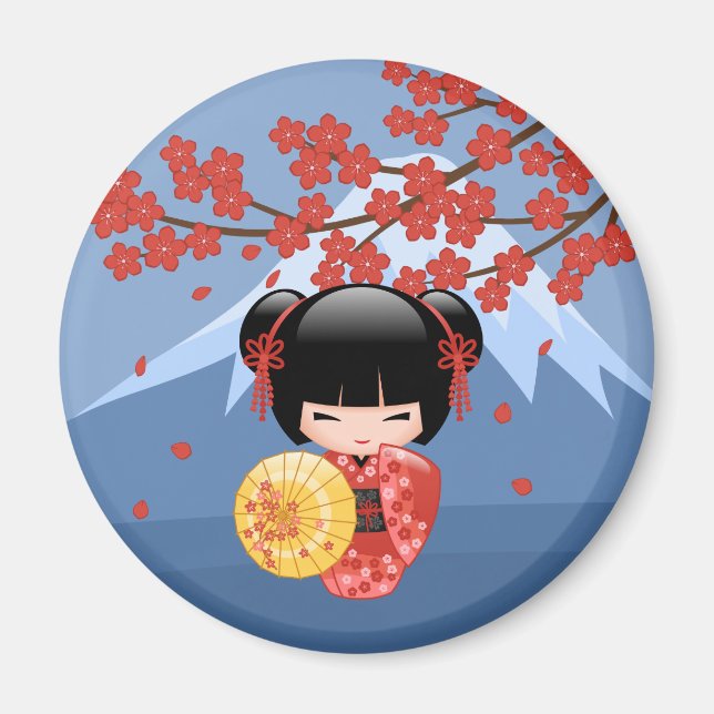 Red Sakura Kokeshi Doll - Cute Geisha Girl Magnet (Front)