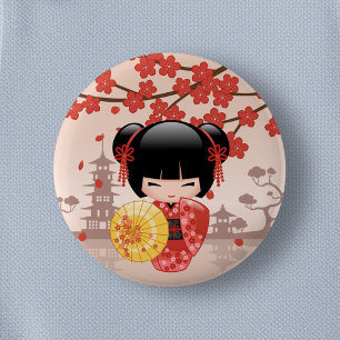 Red Sakura Kokeshi Doll - Japanese Geisha 2 Inch Round Button