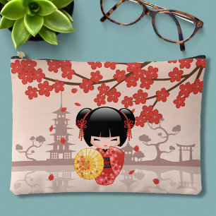 Red Sakura Kokeshi Doll - Japanese Geisha Accessory Pouch