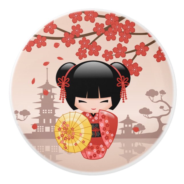 Red Sakura Kokeshi Doll - Japanese Geisha Ceramic Knob (Front)
