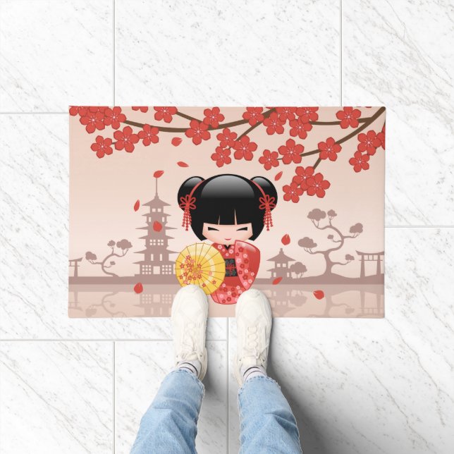 Red Sakura Kokeshi Doll - Japanese Geisha Doormat (Indoor)