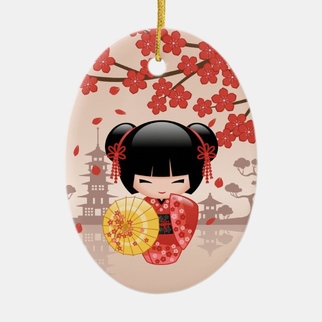Red Sakura Kokeshi Doll - Japanese Geisha Girl Ceramic Ornament (Front)