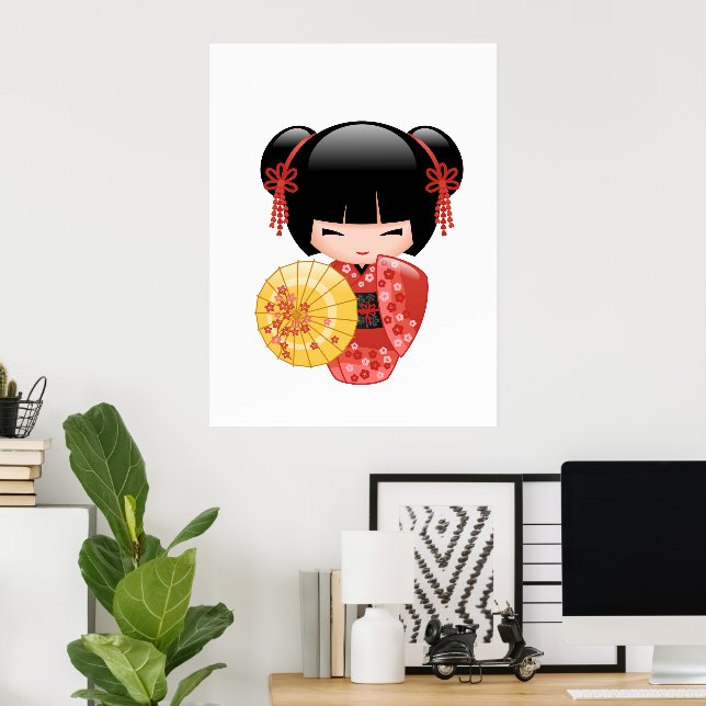Red Sakura Kokeshi Doll - Japanese Geisha Girl Poster (Home Office)