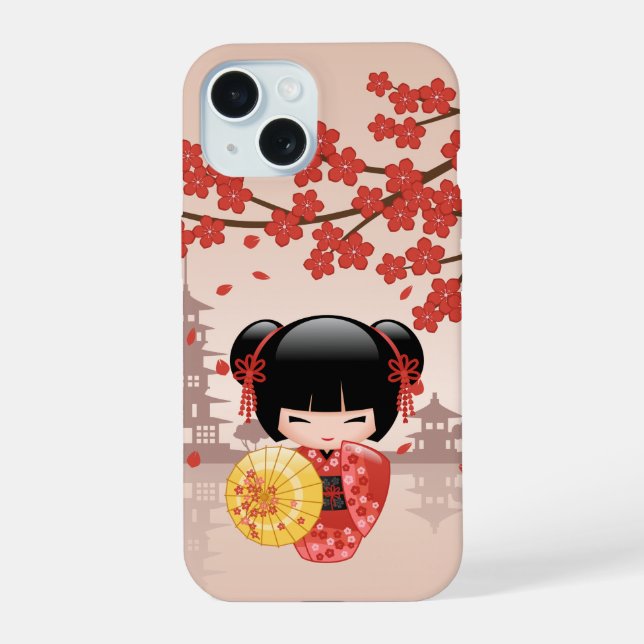 Red Sakura Kokeshi Doll - Japanese Geisha iPhone 15 Case (Back)