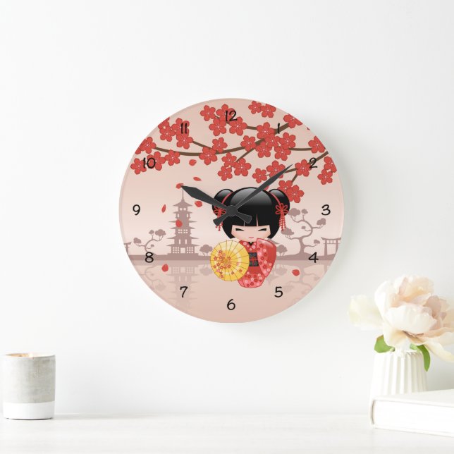 Red Sakura Kokeshi Doll - Japanese Geisha Large Clock (Home)