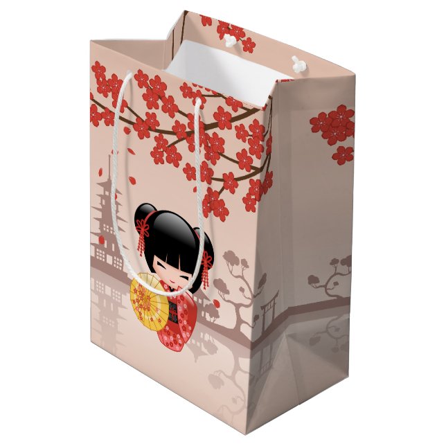 Red Sakura Kokeshi Doll - Japanese Geisha Medium Gift Bag (Back Angled)