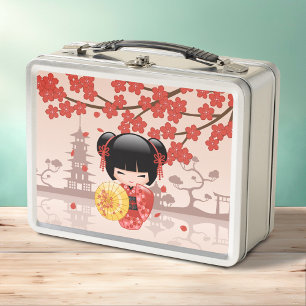 Red Sakura Kokeshi Doll - Japanese Geisha Metal Lunch Box