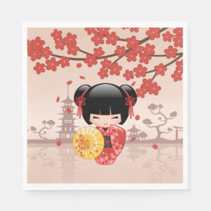 Red Sakura Kokeshi Doll - Japanese Geisha Napkin